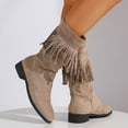 thumbnail image 3 of Fringed Mid Calf Boots for Women Boho Suede Chunky Low Heel Long Tassel Winter Fall Tall Boots, 3 of 7