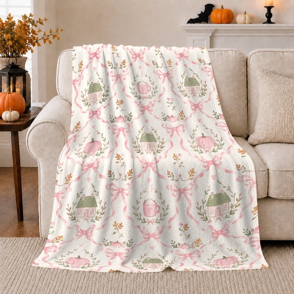 Diamond Grid Cottage Pumpkin Mug Pattern Bows Foliage, Cozy Artistic Scene, Warm Flannel Blanket for Ranch House and Living Room, Animal Lovers Thanksgiving Gift, Artistic Home Decor