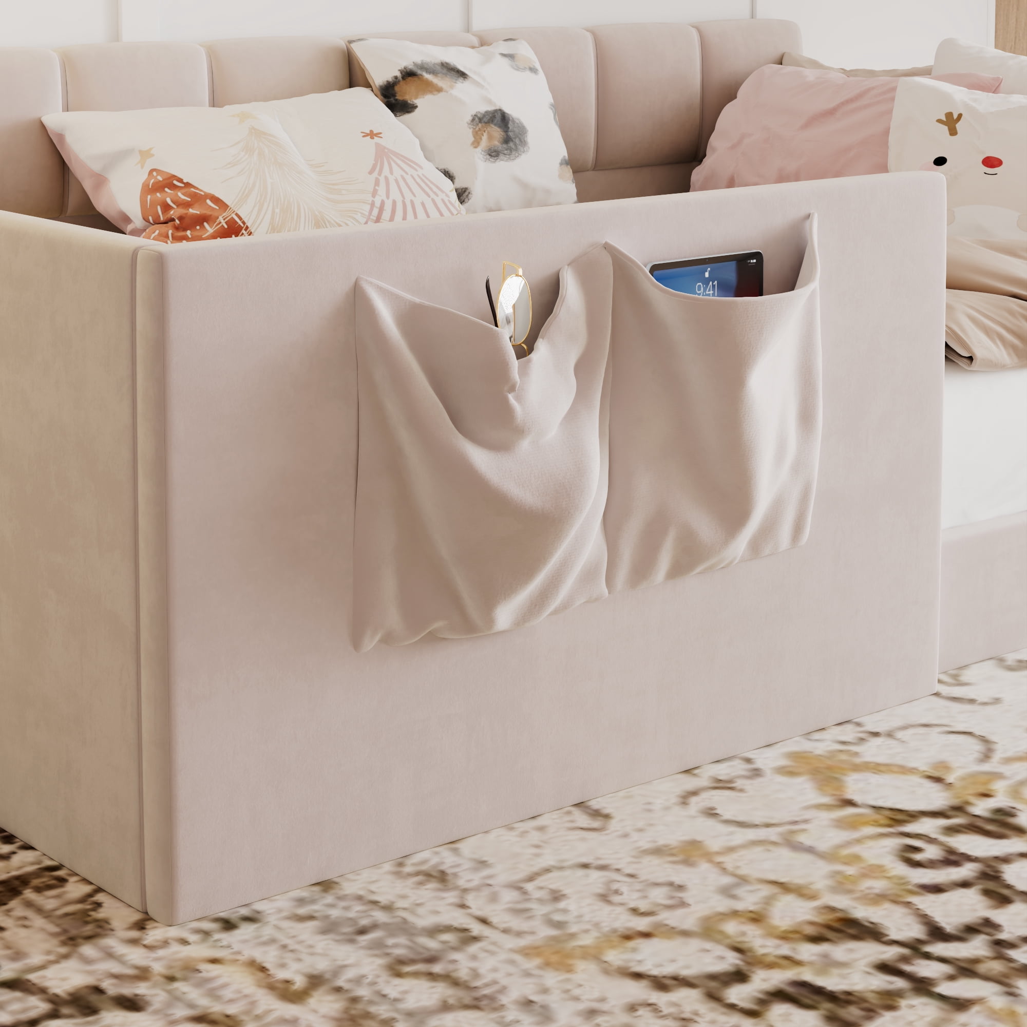 Twin Size Velvet Daybed with Storage Pockets and Walk-In Entrance, Upholstered Sofa Bed with High Side Panels for Guest Room and Small Spaces, Pink
