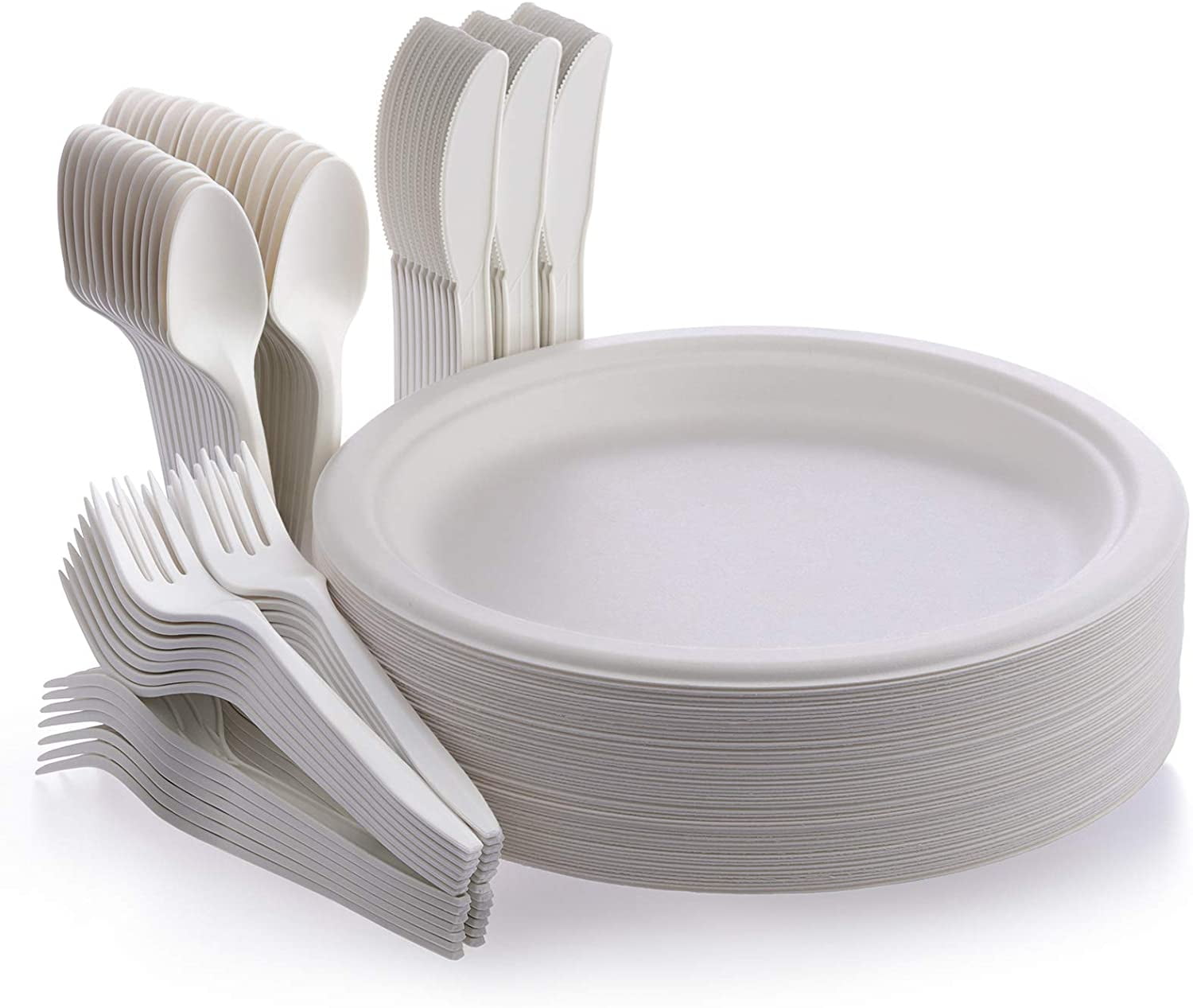 Fuyit 200Pcs Disposable Dinnerware Set, Compostable Sugarcane Cutlery