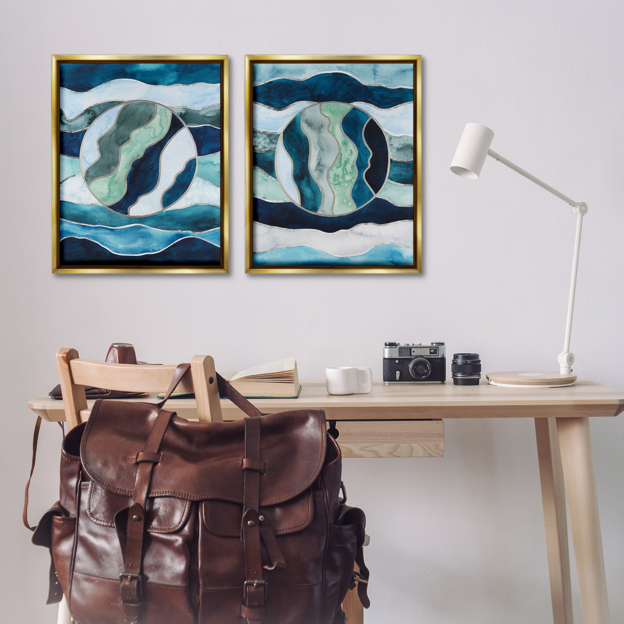Stupell Industries Nautical Stained Glass Style Abstract Abstract Painting Gold Floater Framed Canvas Art Print Wall Art, 31 x 25, Set of 2
