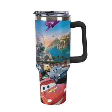 

40oz Tumbler With Handle And Straw Insulated Stainless Steel Double Wall Spill Proof Water Bottle Iced Coffee Cup Reusable Thermos Travel Coffee Mug Black-style (Cars)