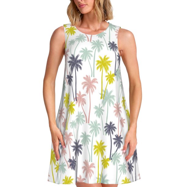 Balery Hawaiian Coconut Tree Vestidos de verano para mujer con estampado: vestido holgado sin mangas, vestido playero informal y cómodo para días calurosos.