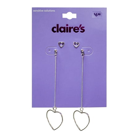 CLAIRES 2ON SILVER HEART LINEAR STUD/DROP