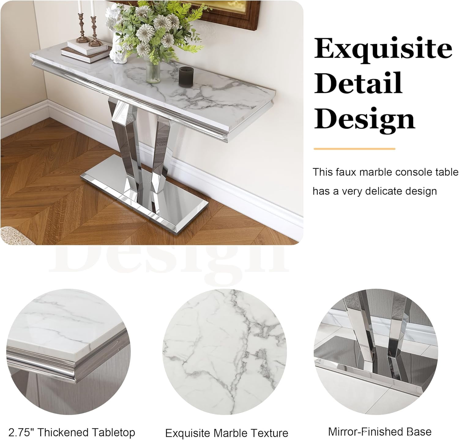 47" Modern Faux Marble Console Table, Rectangular Top & Diamond-Shaped Stainless Steel Base, Narrow Entryway Table for Entrance, Hallway, Foyer, or Living Room