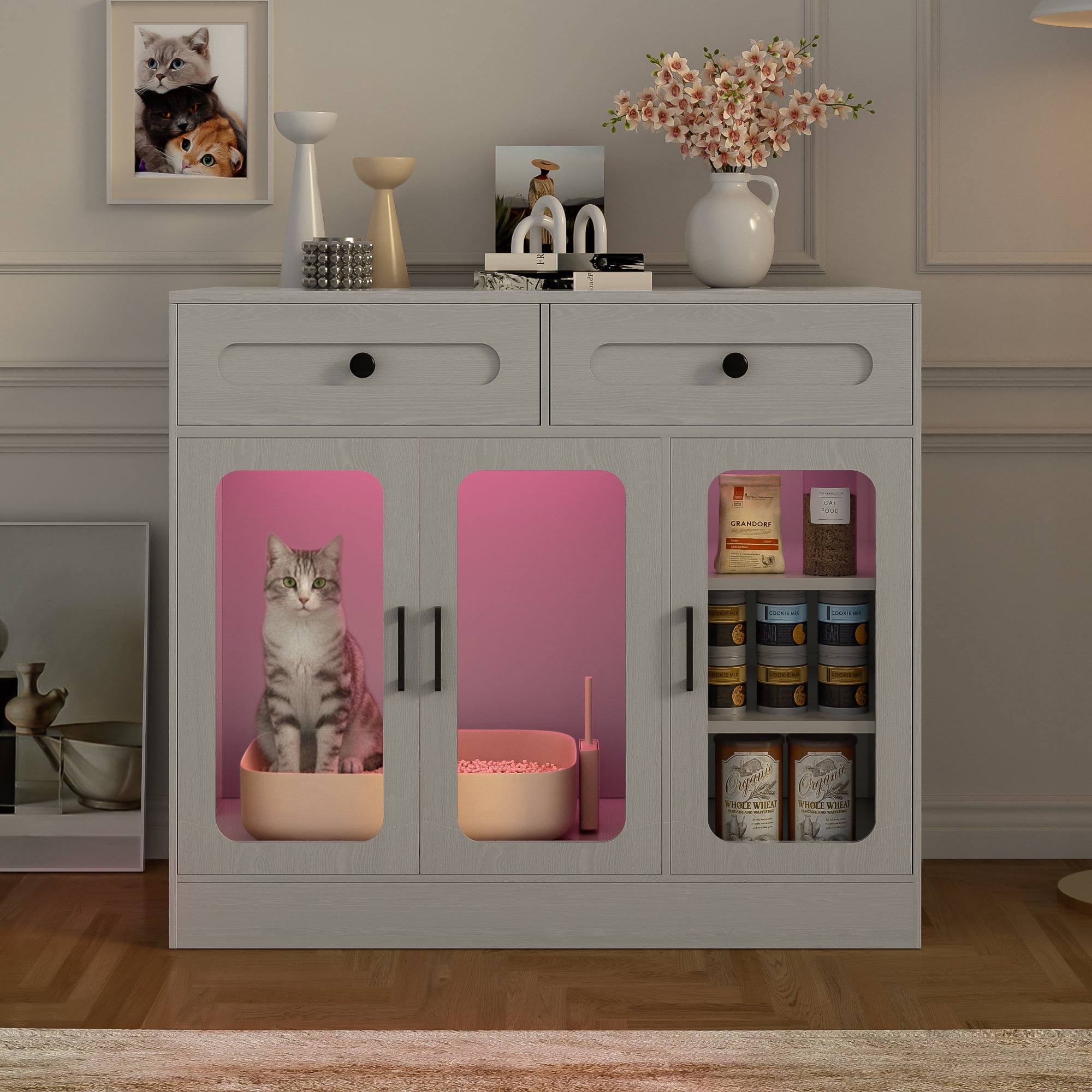 Aukfa Hidden Cat Litter Box Enclosure with LED Light, Cat Litter Box Cabinet with Storage Drawer & Acrylic Door, Modern Cat Furniture Side Table,Gray