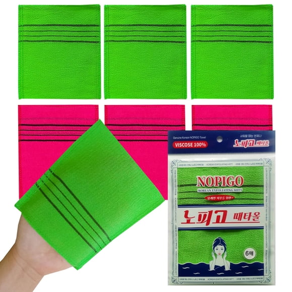 NOPIGO El guante exfoliante corporal original coreano-6 piezas (verde3 rojo3) Toallita de baño exfoliante asiática para piel muerta Esponja de baño Guante exfoliante corporal.