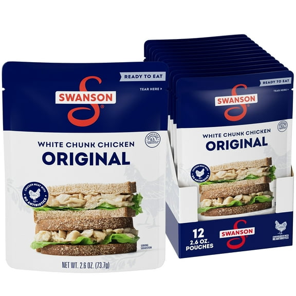 Swanson Original White Chunk Fully Cooked Chicken, Ready To Eat, Simple On-The-Go Meals, 2.6 Oz Pouch (Case Of 12)