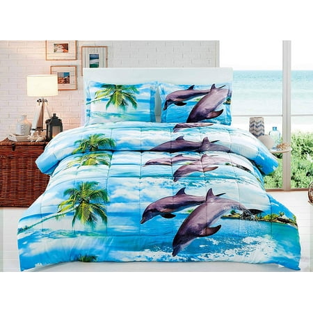 Hig 3d Comforter Set 3 Piece 3d Dolphin And Palm Tree Printed