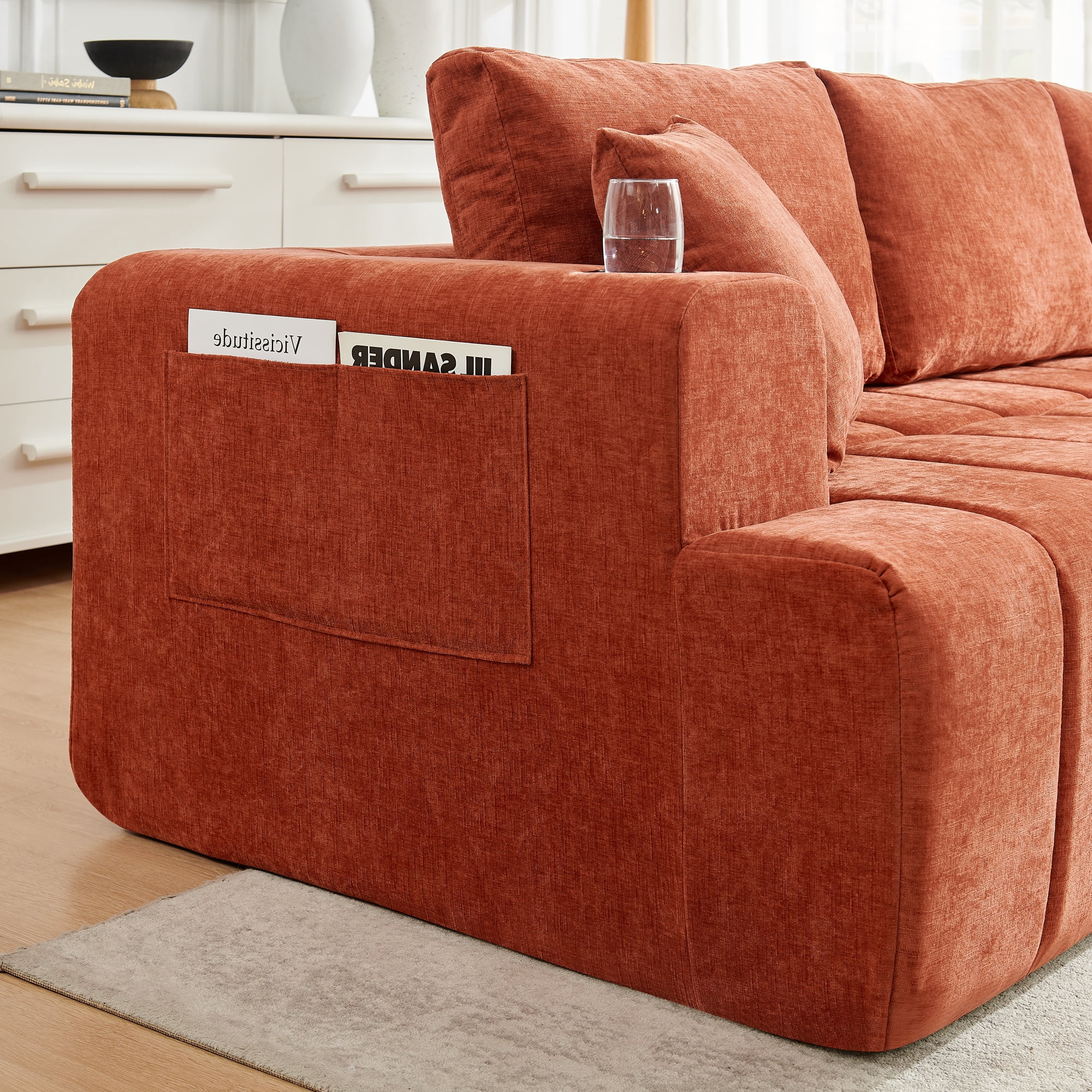 Leumius 108" L-Shaped Sectional Sofa,Chenille Boneless Couch, Modern 3-Seat Upholstered Cloud Couch Sectional with Deep Seat and Cup Holders for Living Room,No Assembly Required,Orange