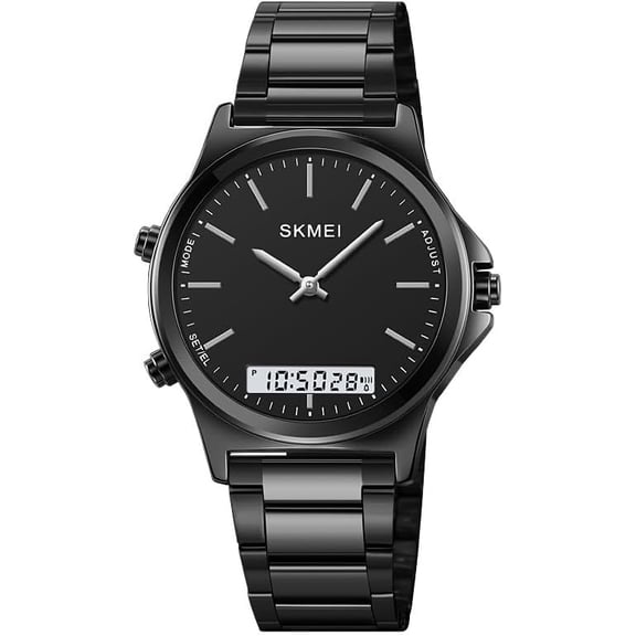 Fashion Men's Digital Analog Watch Dual Display Stainless Steel Casual Business Wristwatch with EL Light,Calendar,Stopwatch