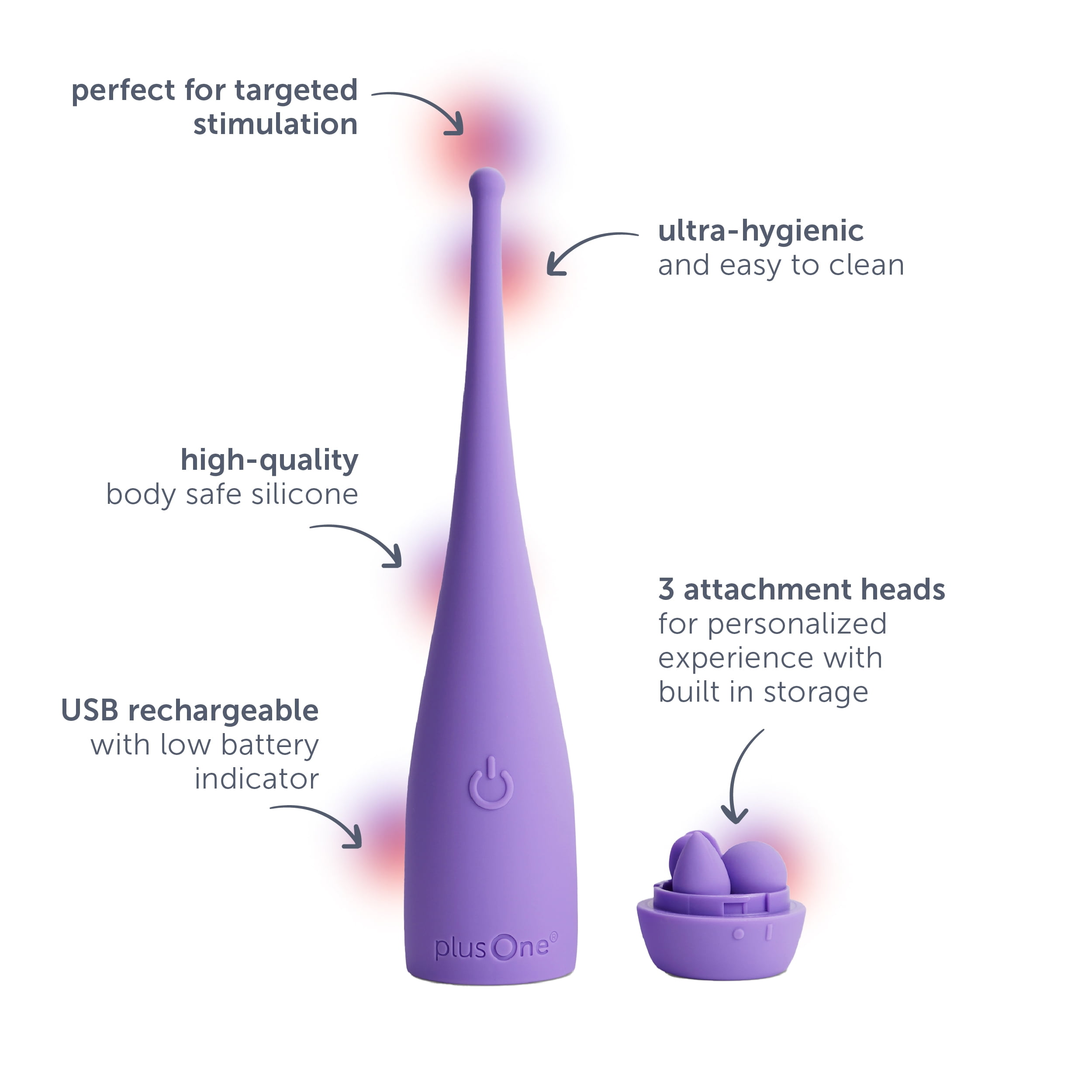 plusOne Pinpoint External Vibrator, 3 Different Tip Attachments, 10 Vibration Settings