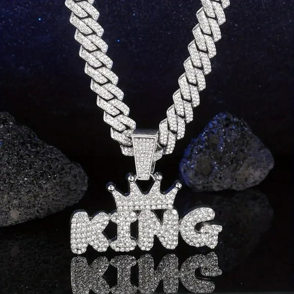 Silvery Rhinestone KING Letter Pendant Necklace Miami Cuban Link Chain Clavicle Jewelry For Women Men