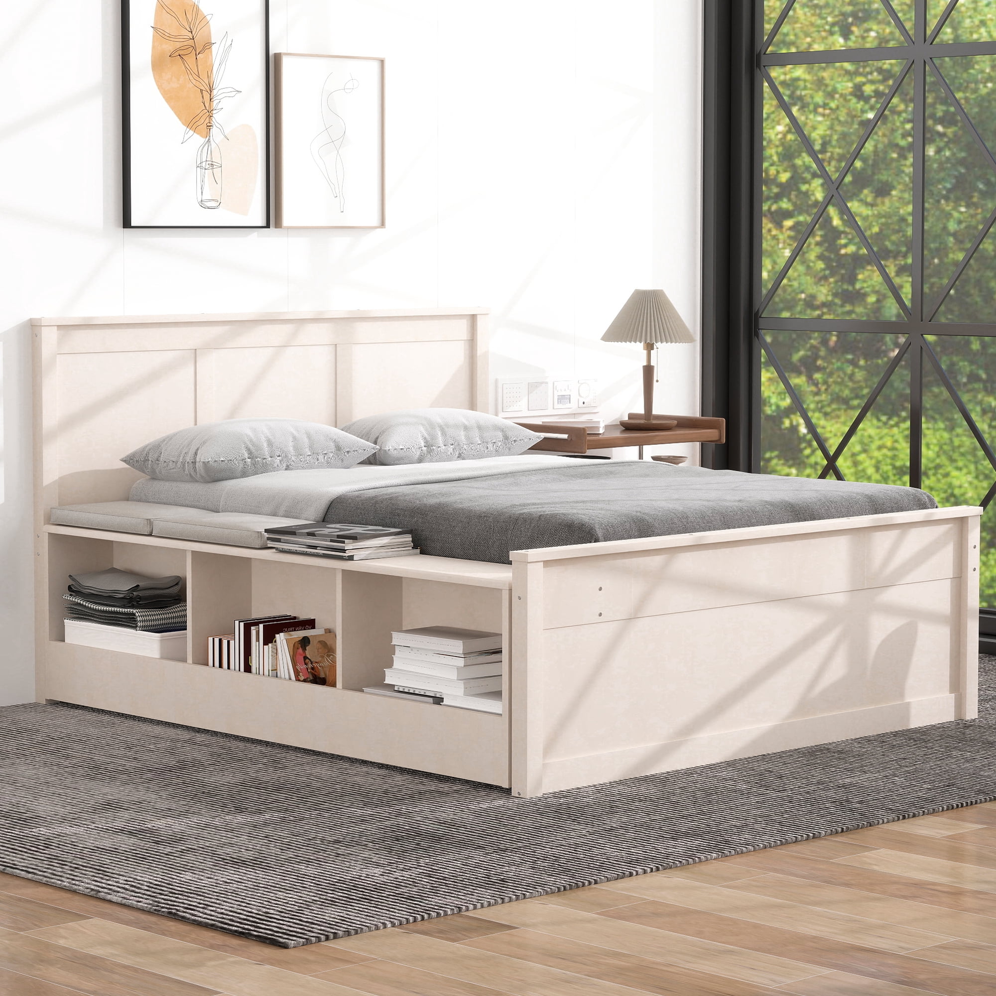 Mintazer Full Platform Bed with Pull-Out Trundle, Modern Bookcase Bed with Storage Cabinet, No Box Spring Needed, White