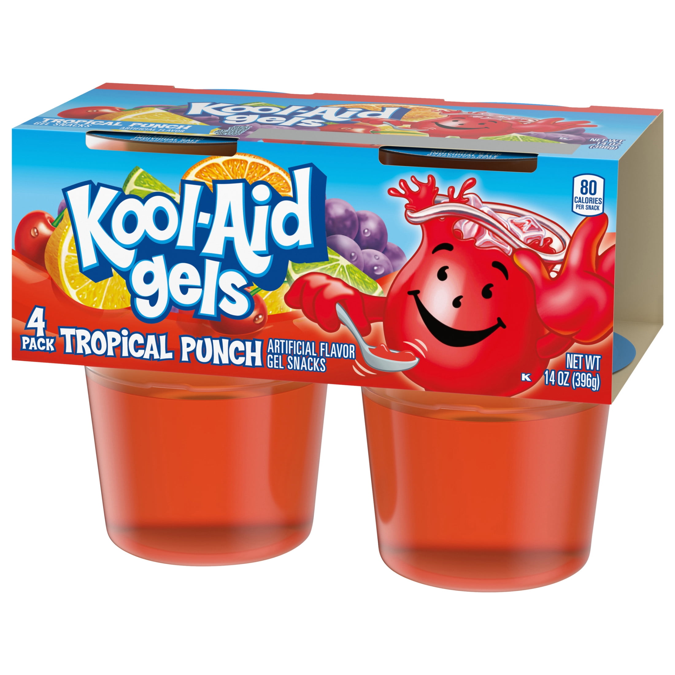 Kool-Aid Gels Tropical Punch Jell-O Gelatin Snacks, 4 Ct Cups
