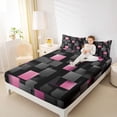 thumbnail image 3 of Manfei Abstract 3D Cube Bed Sheets, Geometric Checkered Fuul Size Sheets, Black and Pink, Black Reversible 4 Pieces1 Flat Sheet + 1 Fitted Sheet + 2 Pillowcases, 3 of 6