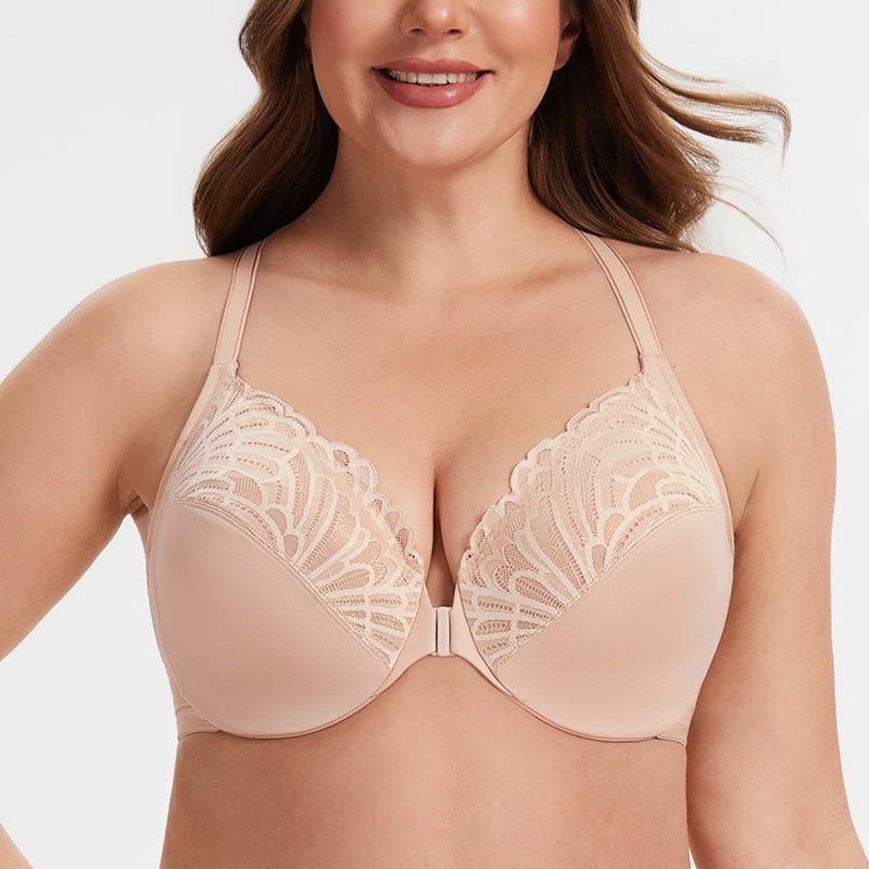 MELENECA Women's Racerback Front Closure Lace Unlined Plus Size Full Coverage Underwire Bra Pale Nude 40B