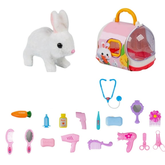 2026 New Stuffed Bunny Toys, 19PCS Easter Bunny Plush Toys, Huggable Rabbit Walking Talking Simulated Electric Plush Pet Gift with Cage and Accessories for Birthdays Holidays Party Gifts
