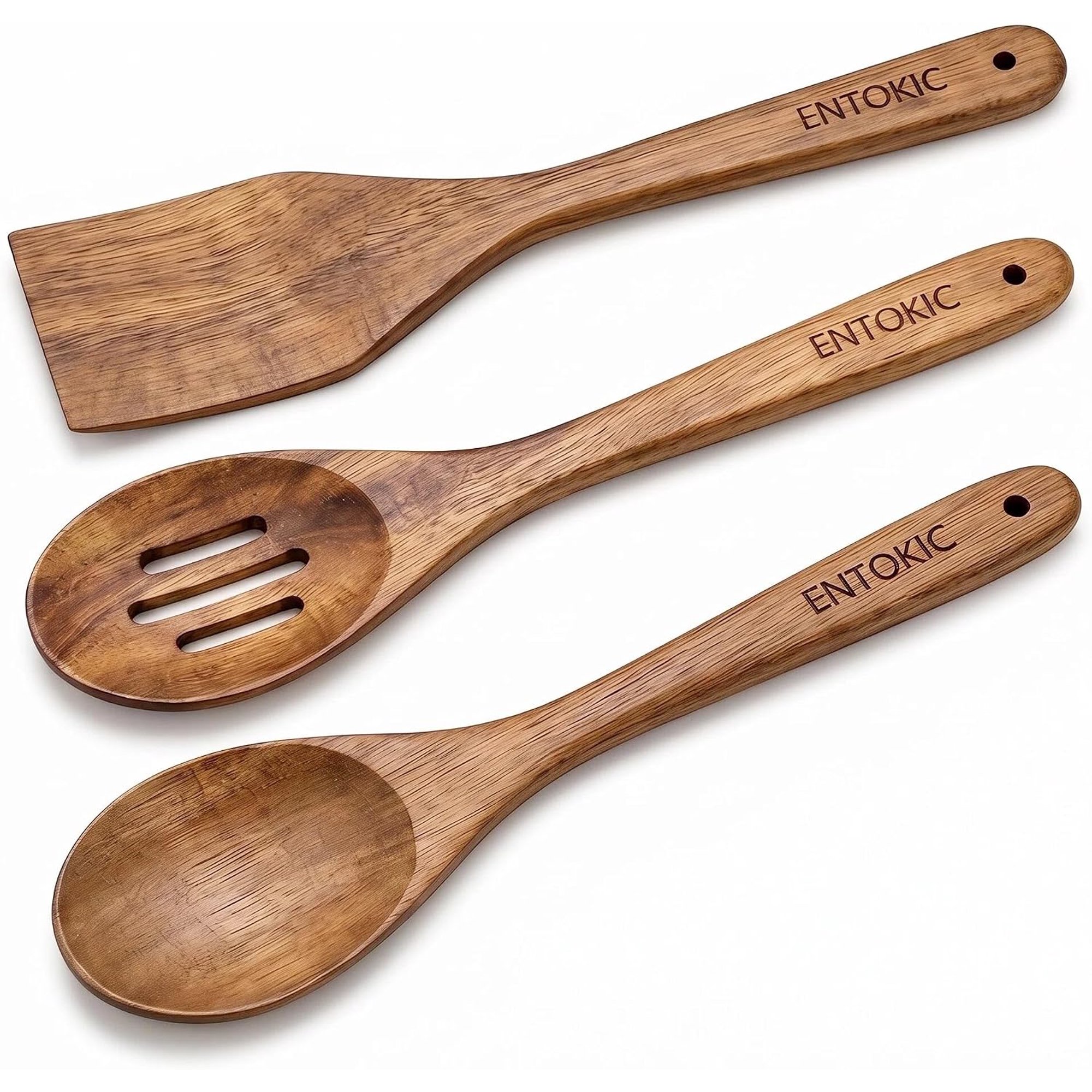 Acacia Wooden Spatula Set 3 Pack Kitchen Utensils for Non Stick Cookware | Polished acacia wood utensils with hanging hole handles, scratch-free, gentle to protect all nonstick pots & pans