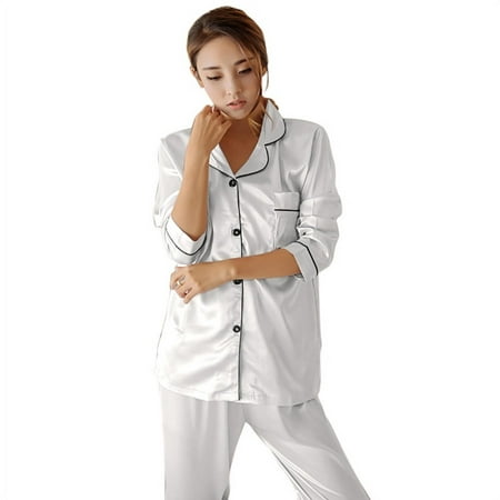 

Maynos Women s Sexy Korean Style Striped Lapels Button Silk Satin Home Service Long Sleeve Solid Color Two-piece Pajamas Suit M-5XL White