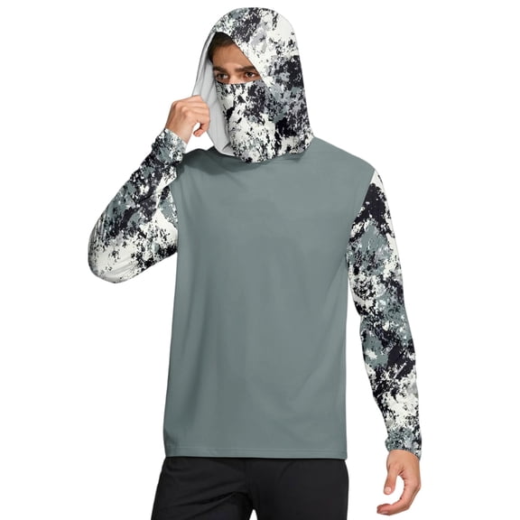 Long Sleeve Sun Protection Shirts for Men Spf UV Upf 50 CamouflageShirt with Mask Long Sleeve Cooling Shirts Fishing Lightweight T-Shirts,Gray 3XL