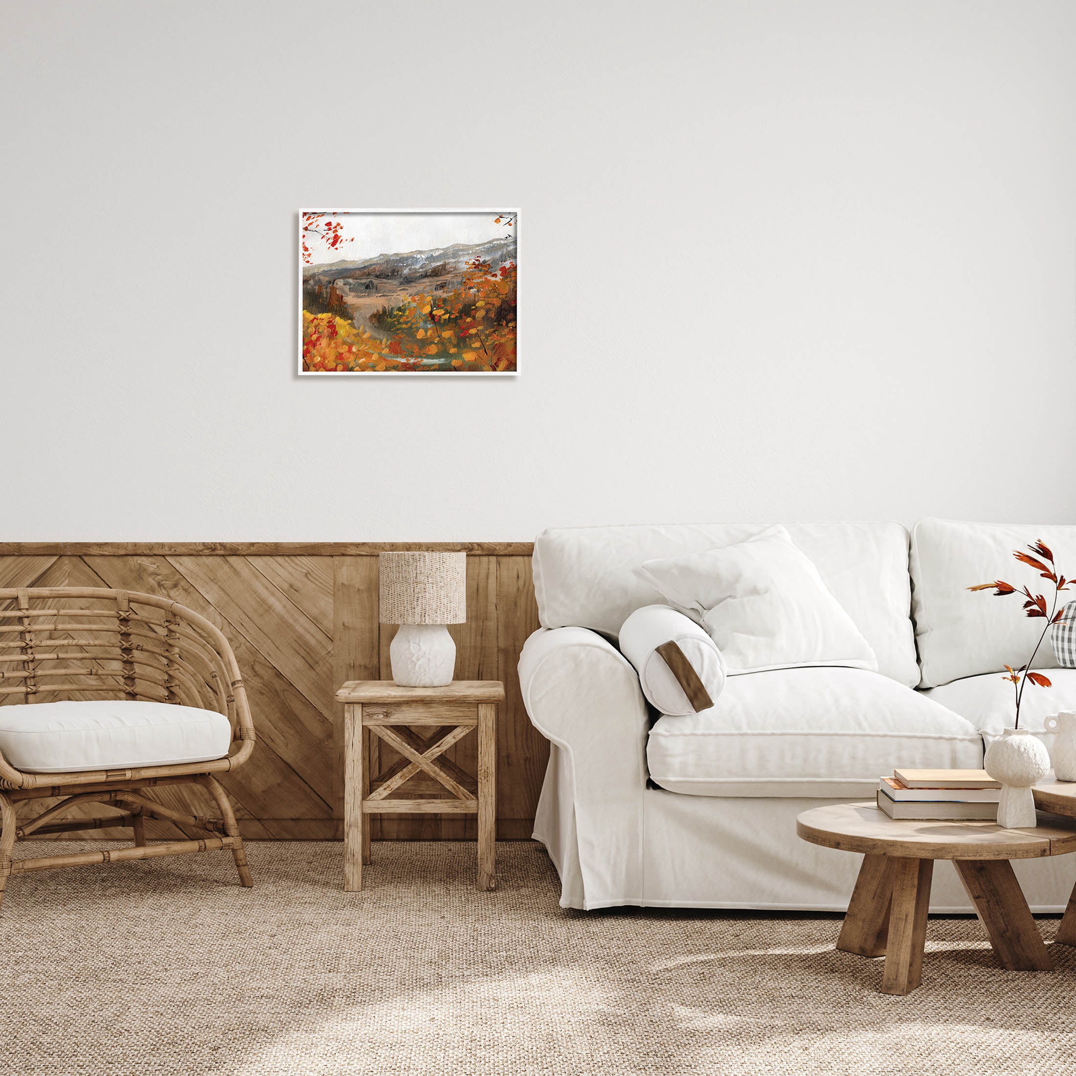 Autumn Foliage Mountain Scene Landscape Painting White Framed Art Print Wall Art