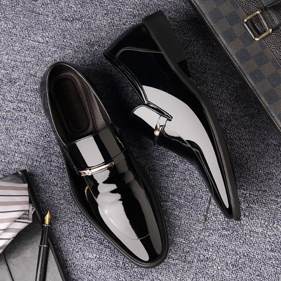 Men's Patent Leather Pointed-Toe Loafers - Formal Slip-On Dress Shoes with Metal Buckle