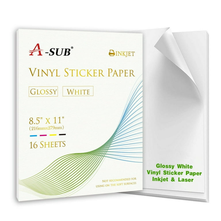 Bulk A-SUB Printable Vinyl Sticker Paper Waterproof Sticker Paper for Inkjet  Printers 8.5x11 50 Sheets Glossy White, Work with Most Laser Jet and Cricut  - Walmart.com