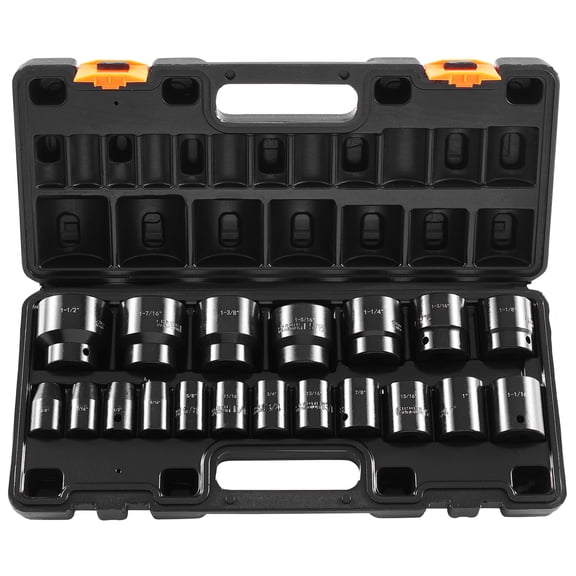 KFFKFF 19-Piece 1/2-Inch Drive Impact Socket Set, SAE Sizes from 3/8 to 1-1/2 Inches, 6-Point Hex Design for Standard Applications