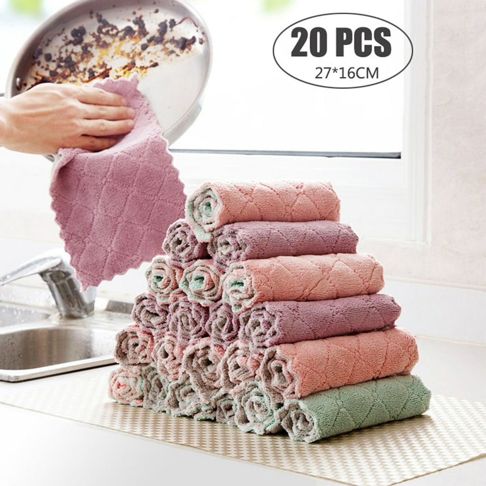 20pcs Kitchen Towel Absorbent Microfiber Dish Cloth Thick Doubleside Cleaning Towel Wipe Table