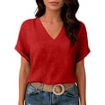 thumbnail image 6 of idosla Womens Summer Gauze Blouses Crinkle Texture V Neck Short Sleeve Pullover Shirts Solid Color Work Camping Outfits Top (Red, XL), 6 of 7