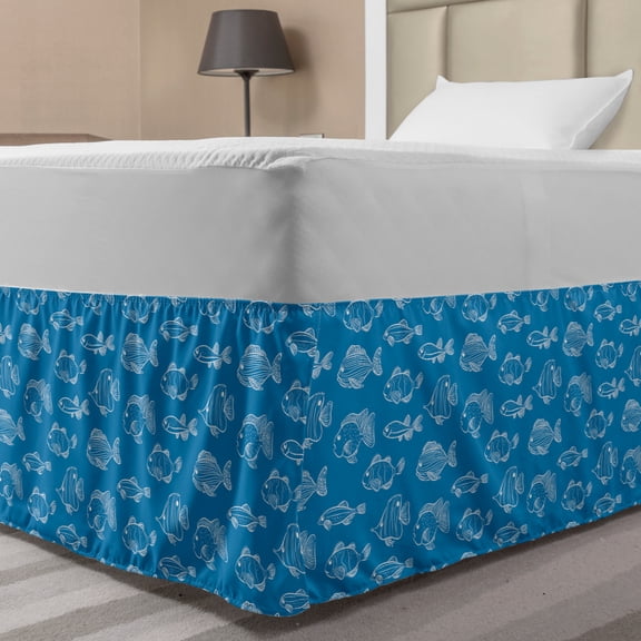 Nautical Blue Bed Skirt, Repetitive Pattern of Different Fish Spices in Outline Style Design, Elastic Bedskirt Dust Ruffle Wrap Around for Bedding Decor, 4 Sizes, Sea Blue and White, by Ambesonne