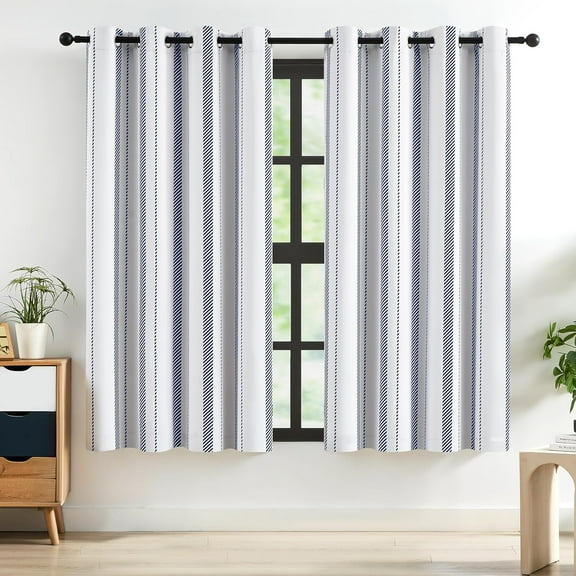 Blackout Navy Stripe Window Curtains Classical Stripe Print on White Fabric for Bedroom and Living Room,Grommet Top 26"W x 45"L (Pack of 2)