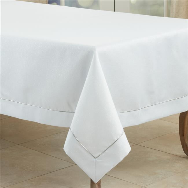 38" x 38"  White Linen Table Topper With Stitched Blue Dots Hem Stitch Edging 