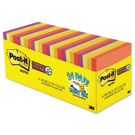 Post-it Super Sticky Notes Cabinet Pack, 3in. X 3in., Marrakesh Color Collection, 90 Sheets per Pad, 24 Pads per Pack