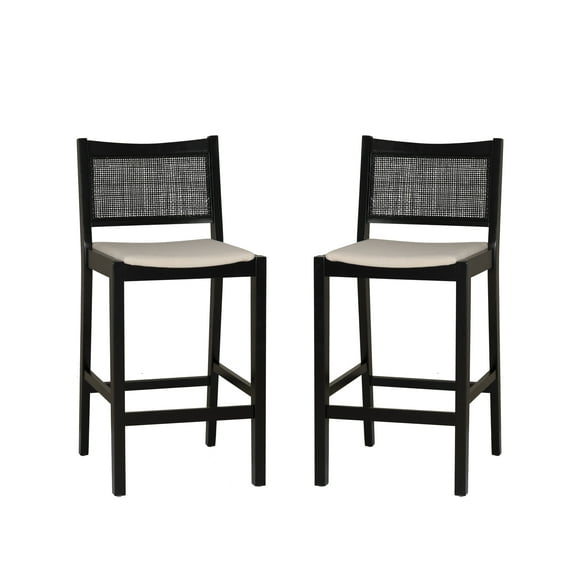 Powell Bilberry 29" Indoor Low Cane-Back Wood Barstool, Set of 2, Black/Natural/Beige
