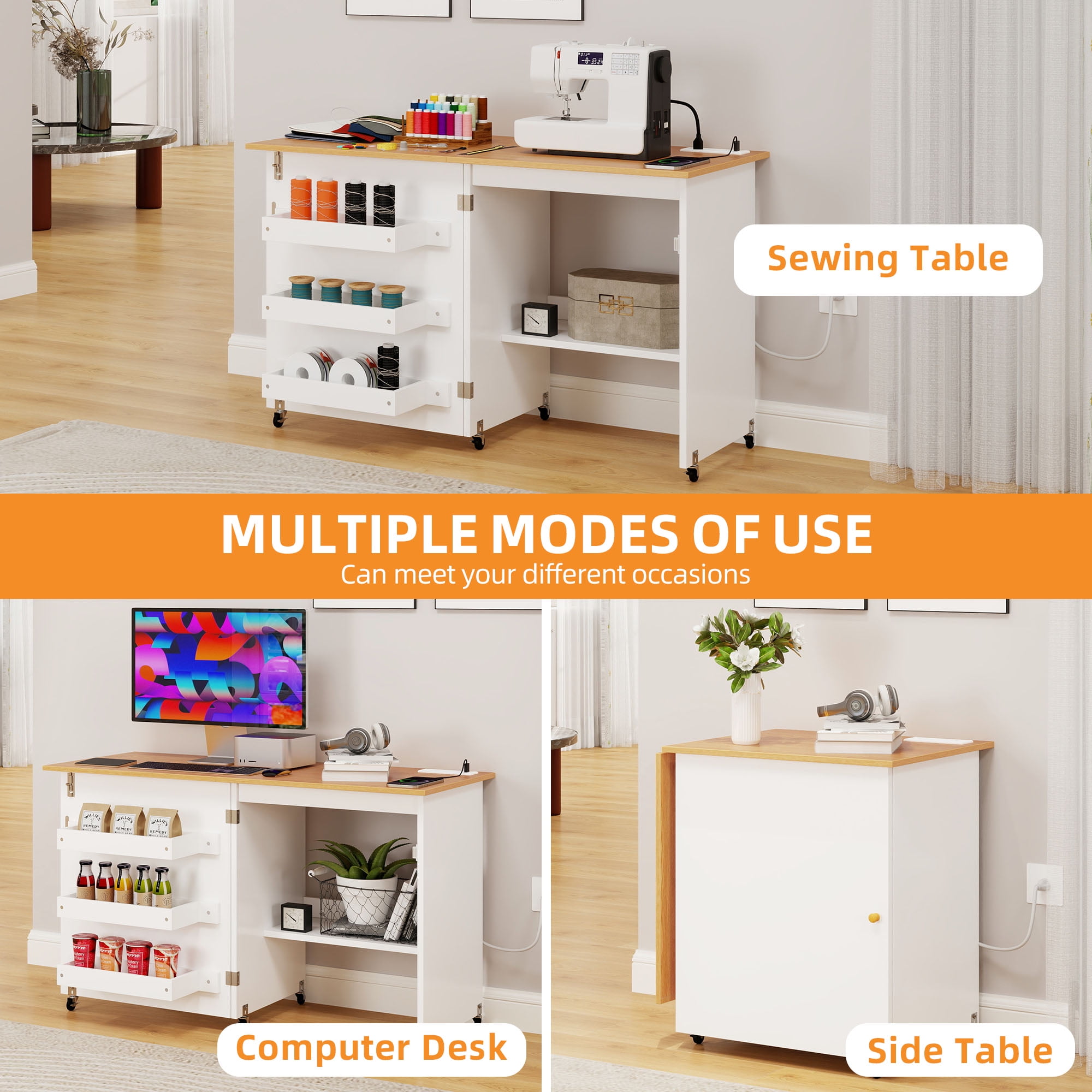 Craftian White Folding Sewing Craft Table with with Charging Station,Storage Shelves Cabinet Lockable Wheels