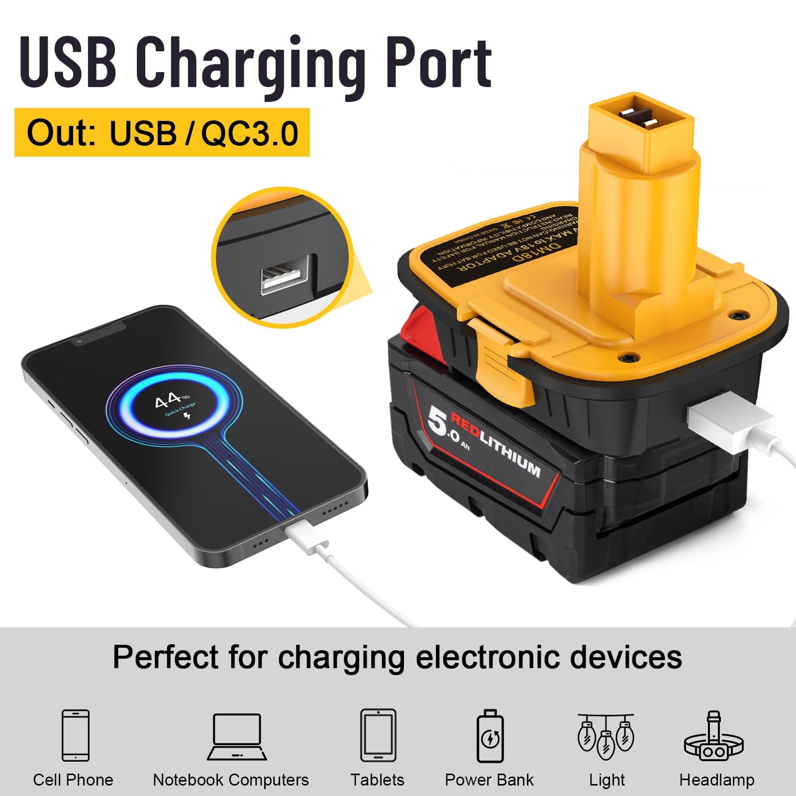 1 pack DM18D Battery Adapter Converter with USB Port for Dewalt 18V Tools, Converts Dewalt 20V Li-ion or Milwaukee M18 18V Li-ion Battery to Dewalt 18V Battery adapter