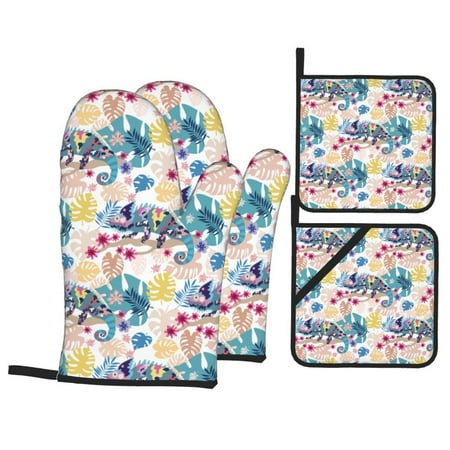 

Oven Mitts and Pot Holders 4 pcs Set Colorful Chameleon Lizard Monstera Heat Resistant Silicone Oven Mitts Pot Holders for Kitchen Baking Cooking Non-Slip Oven Gloves Hot Pads Potholders