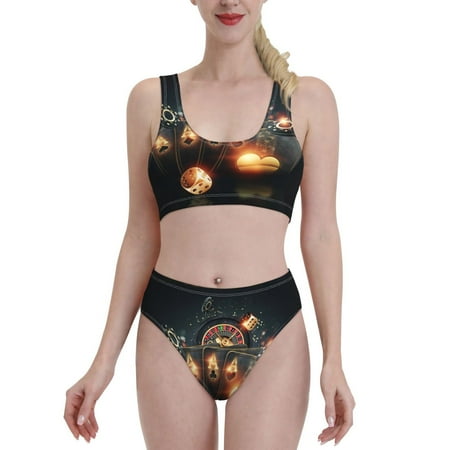 Bixox Creative Casino Pattern Two-Piece Sports Bikini with U-Shaped Top and High-Waist Bottom - Women s Swimwear with Removable Bra Pads