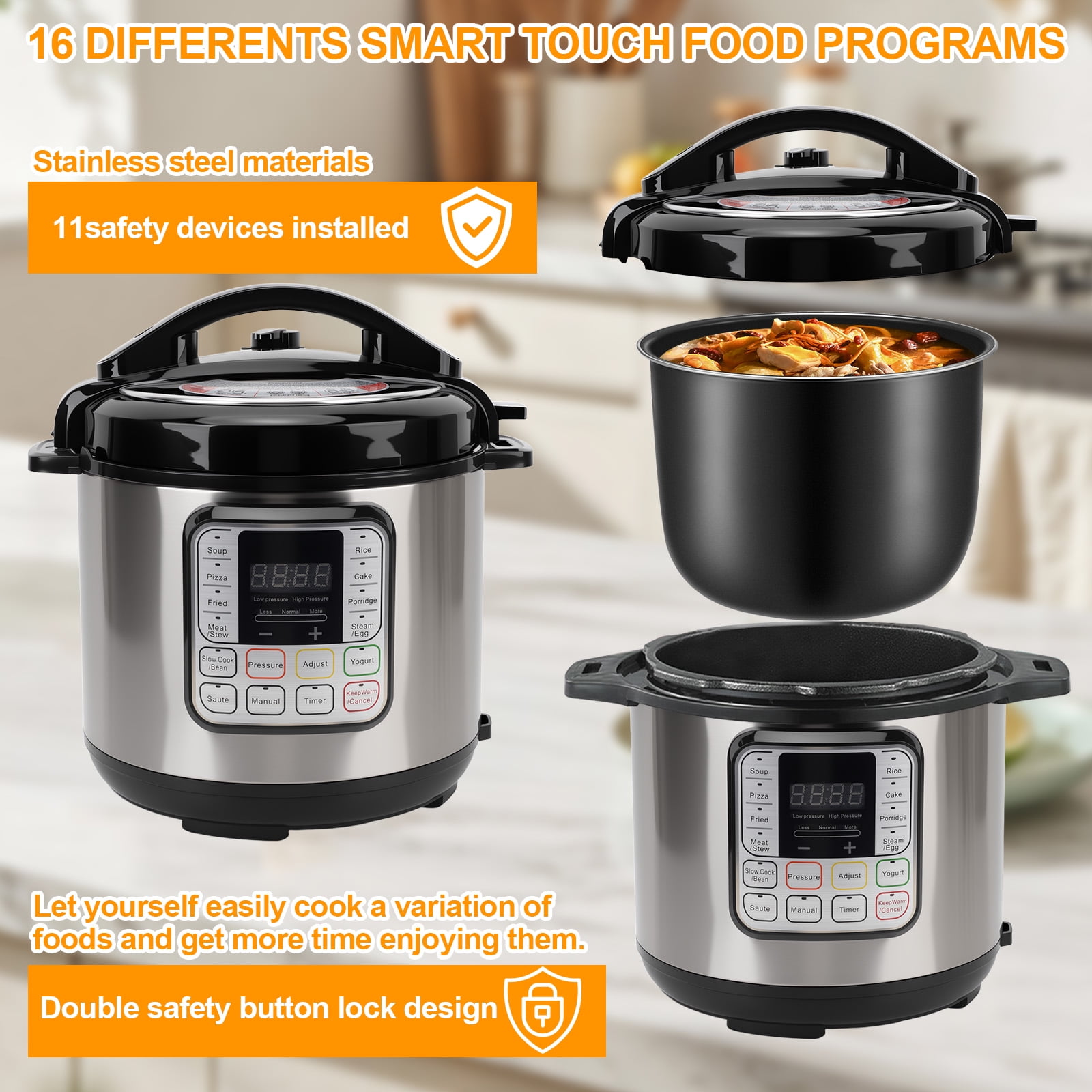 8.5 Quart Electric Pressure Cooker, 16-in-1 Multi-Functional Slow Cooker, Rice Cooker, Saute Pan, Soup Pot, Egg Cooker, Warmer, Preset Cooking, Stainless Steel