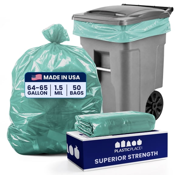 Plasticplace 64-65 Gallon Trash Can Liners for Toter │ 1.5 Mil │ Green Heavy Duty Garbage Bags │ 50” x 60” (50 Count) (W65LDGTL)