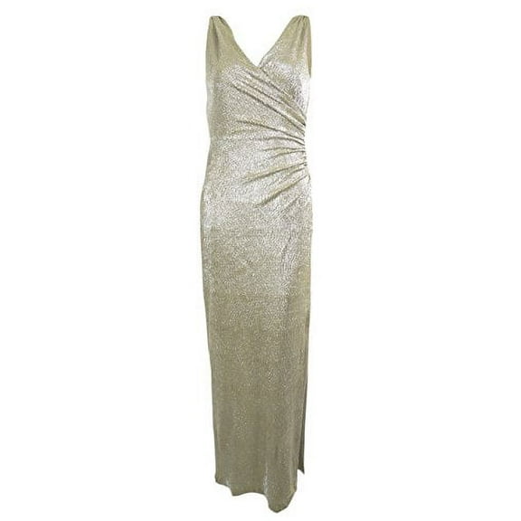 RALPH LAUREN Lauren Women's Metallic Crinkle Full Length Dress (8, White/Gold)