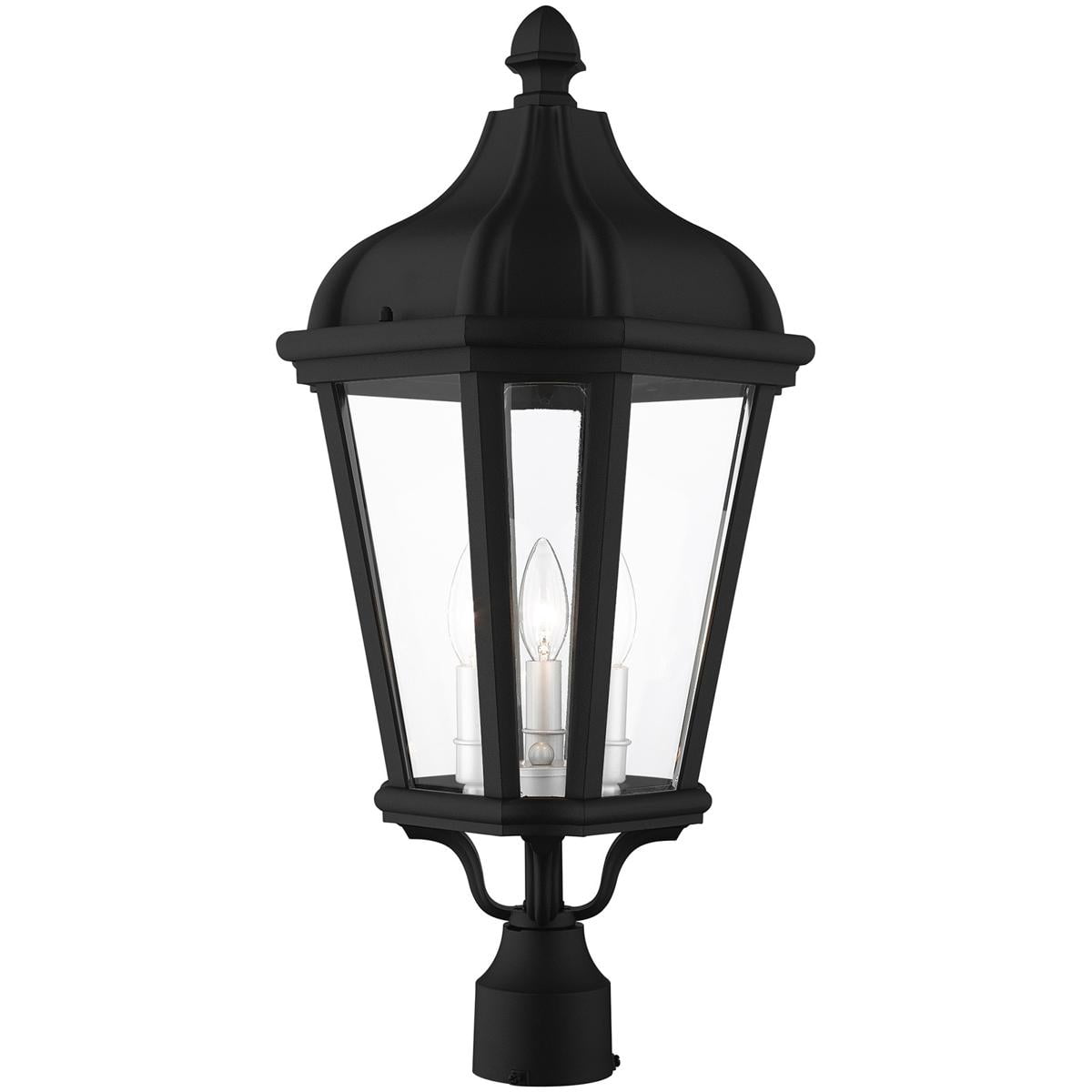 3 Light TBK Outdoor Post Top Lantern with Clear Glass Shade backed with Cast Aluminum material for patio, front porch, entryway and more