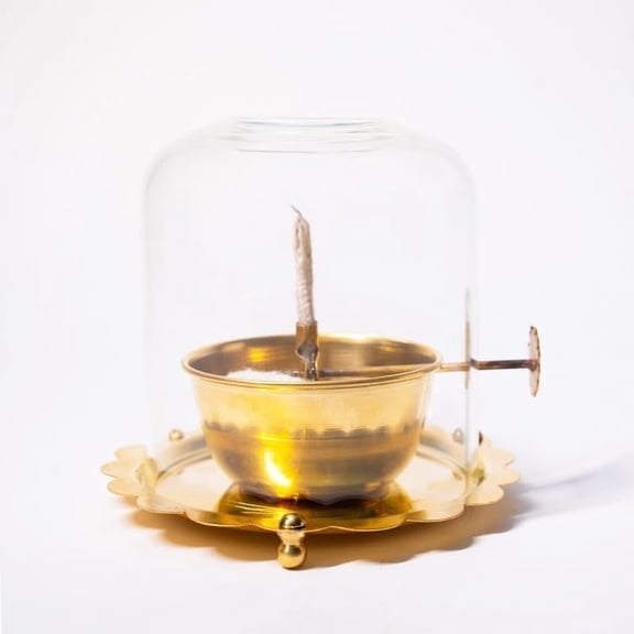 RATAN ENTERPRISES Brass Akhand Diya with Glass Cover Inch Diwali Decor for Pooja, Home Decoration Gifts, Borosilicate Batti Lamp with Wick Holder Gold Lid for Jyoti Lighting in Bedroom Mandir