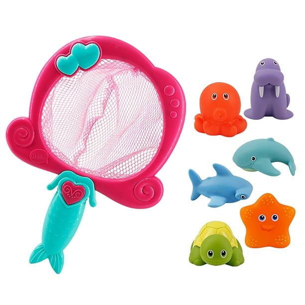 Jovat Bath Toy, Fishing Floating Animals Squirts Toy, Fish Net Game In Bathtub6pc Red