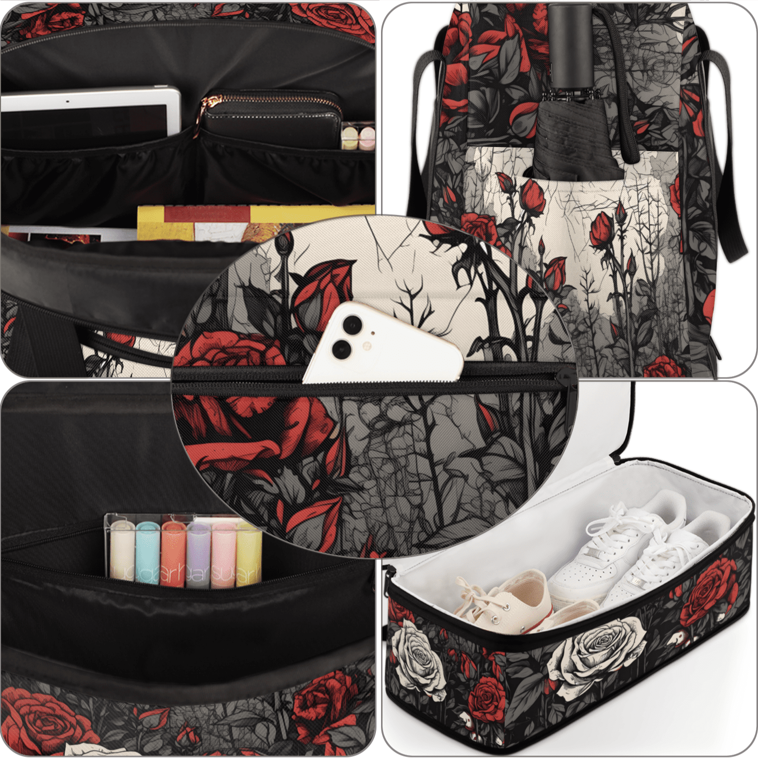 Herdesigns Rose Foldable Travel Duffle Bag for Women and Men Lightweight Carry On Overnight Bag Vintage Floral Flower Gym Luggage Weekender Bags with Shoe Compartment