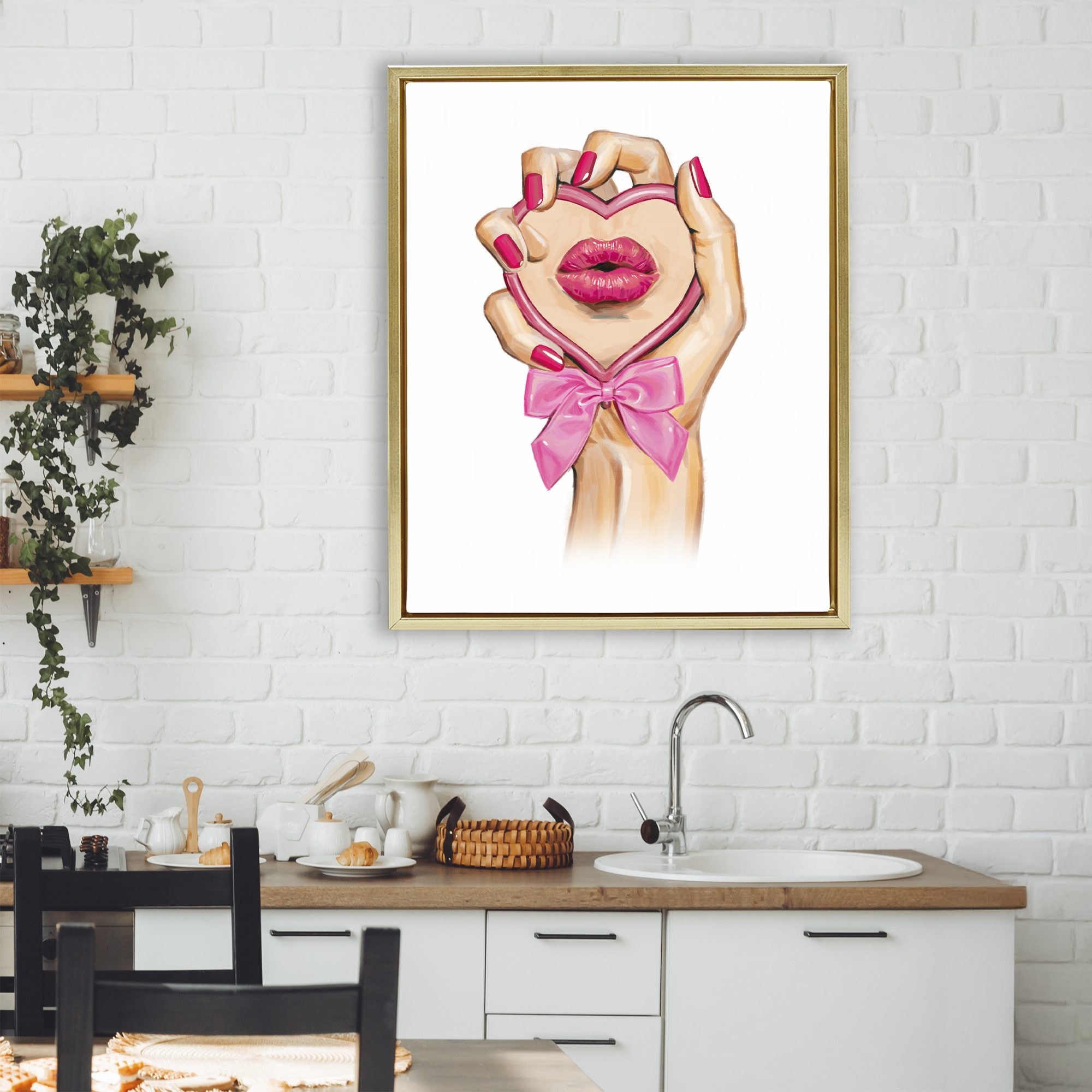 Pink Lips in Mirror Gold Framed Floater Canvas Wall Art, design by Ziwei Li