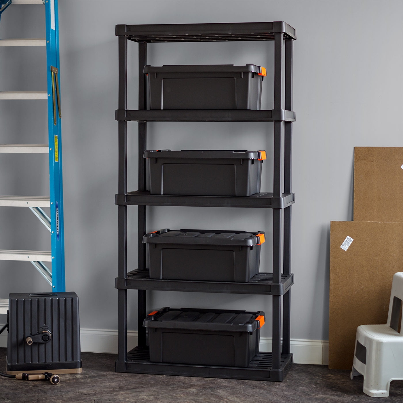 IRIS 5-Tier Plastic Storage Shelves, 73" H x 17" W x 35" D, 500 Lb Total Capacity, Black