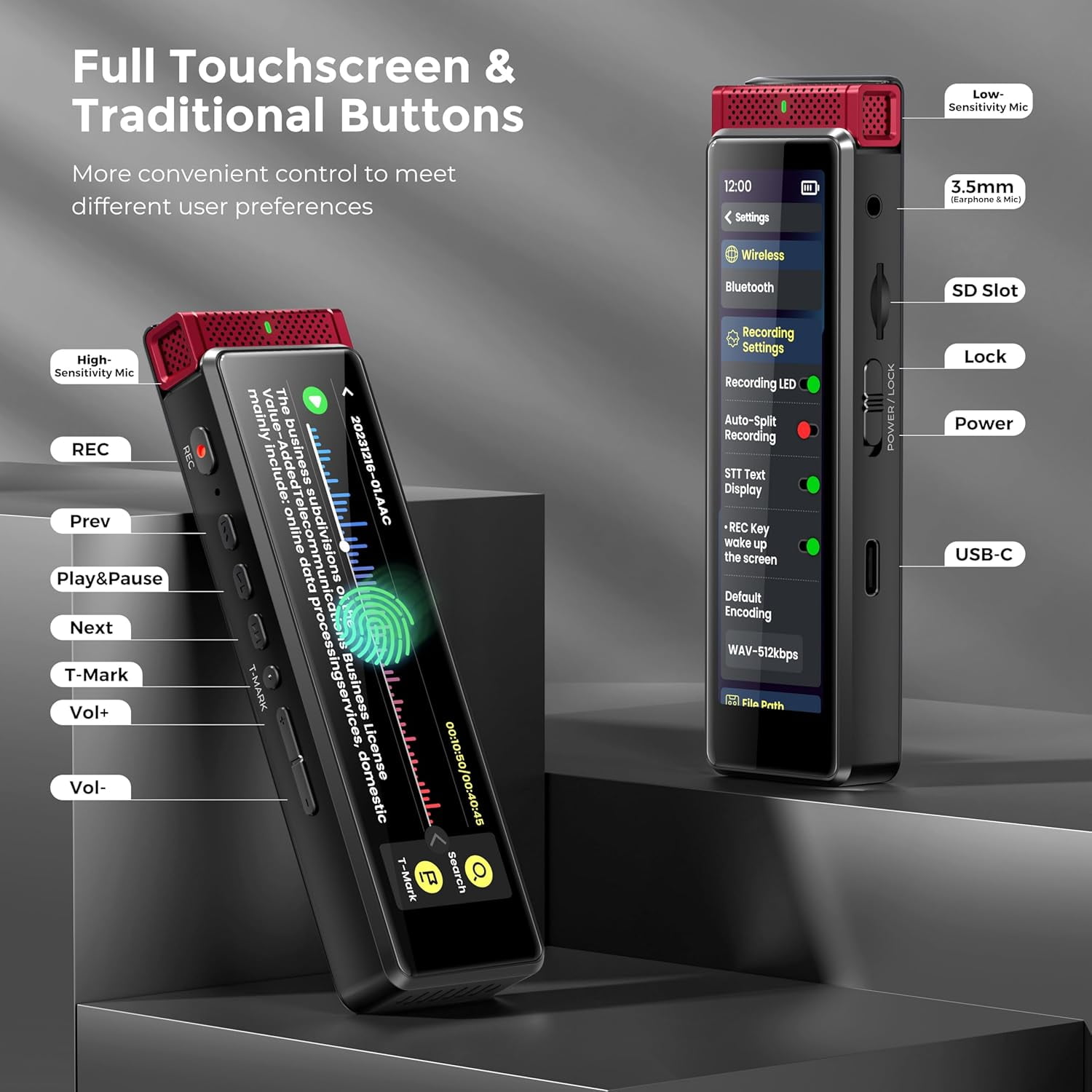 136GB Digital Voice Recorder with Playback, Innioasis R1 Full Touchscreen Voice Recorder with AI Intelligent Transcription and Bluetooth, Voice Activated Sound Audio Recorder Device with Mic (Red)